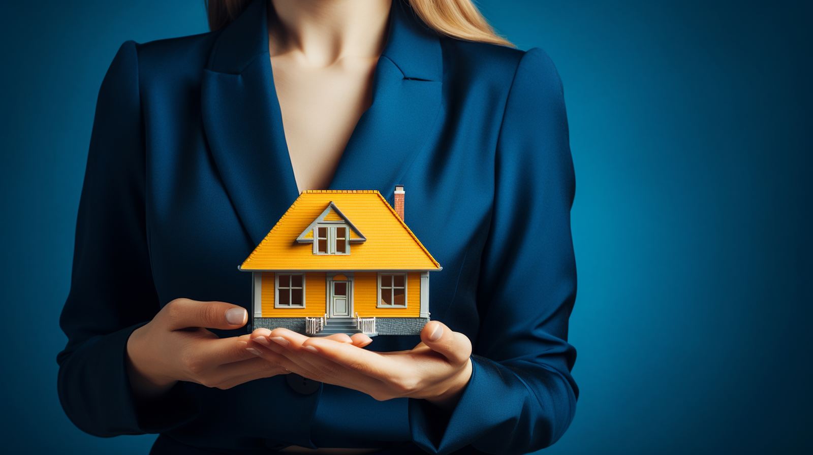 Corretora segurando uma miniatura de casa, representando o seguro residencial