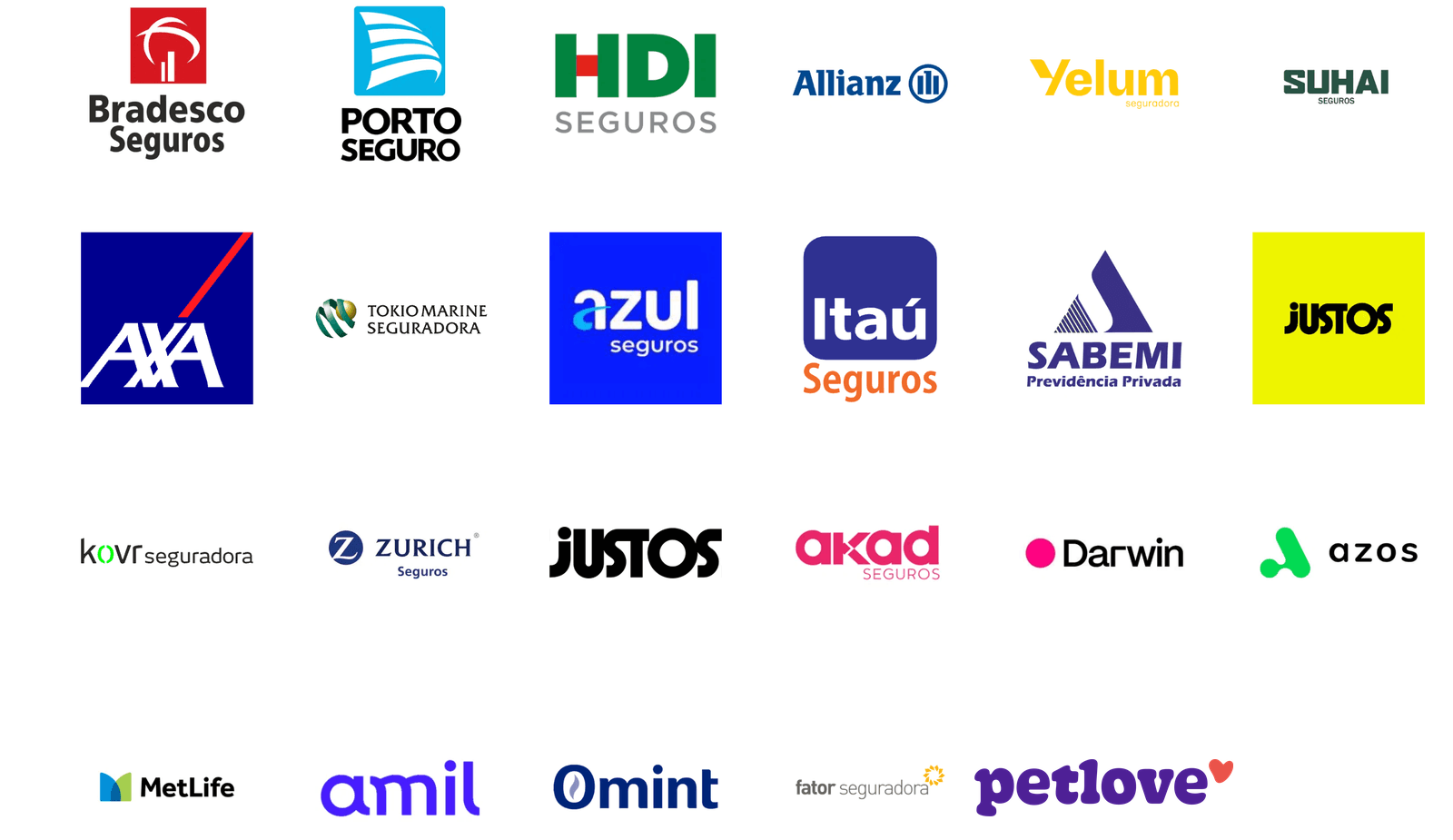 Logos das Seguradoras Parceiras: Bradesco, Porto Seguro, HDI, Allianz, Petlove, e outras.